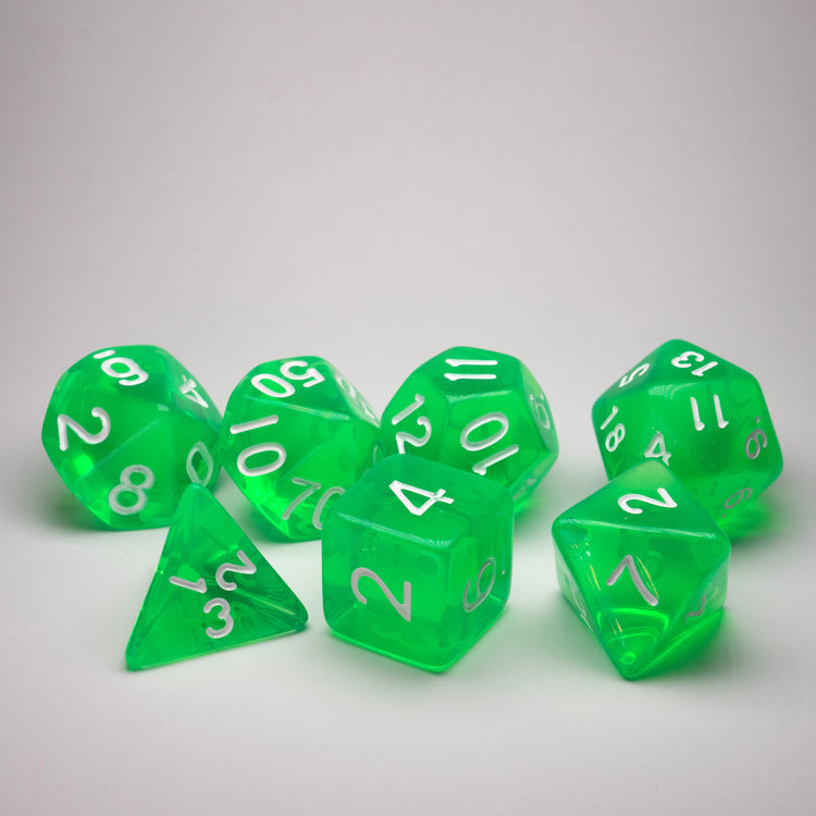 Green translucent DnD dice set of 7