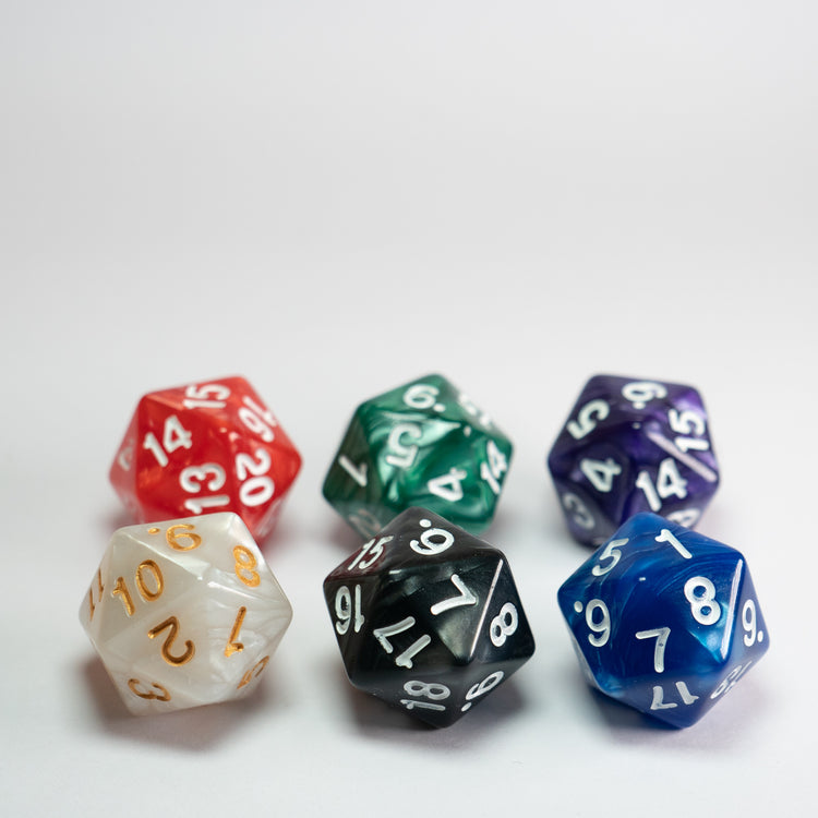 Assorted Colours D20 22mm Spindown Dice Pack of 6